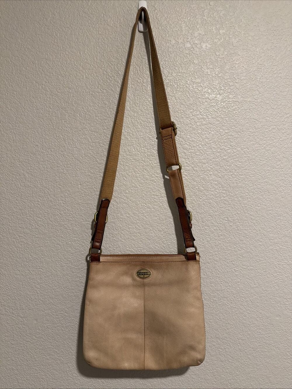 Vintage Fossil Purse Crossbody Handbag Beige Leather Messenger